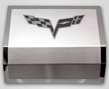 2005-2013 C6 Corvette - Deluxe Fuse Box Cover w/Crossed Flags Emblem | Stainless Steel Choose Color