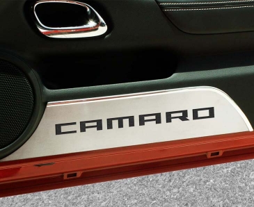 2010-2015 Camaro - Door Panel Kick Plates CAMARO 2Pc | Brushed Stainless Choose Inlay Color