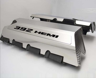 2011-2021 Challenger 392 6.4L - Fuel Rail Covers w/392 HEMI Inlay | Polished Stainless Steel Choose Inlay Color