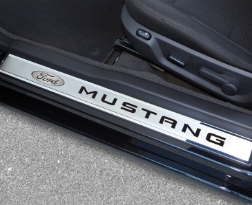 2010-2014 Mustang - Outer Door Sills Ford Oval w/'MUSTANG Inlay 2Pc | Polished/Brushed Stainless Steel, Choose Color