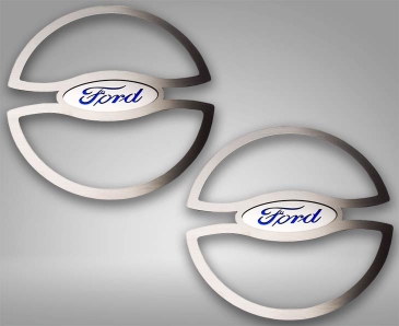 2010-2014 Mustang - Blue Ford Oval Lower Speaker Trim 2Pc | Brushed Stainless Steel
