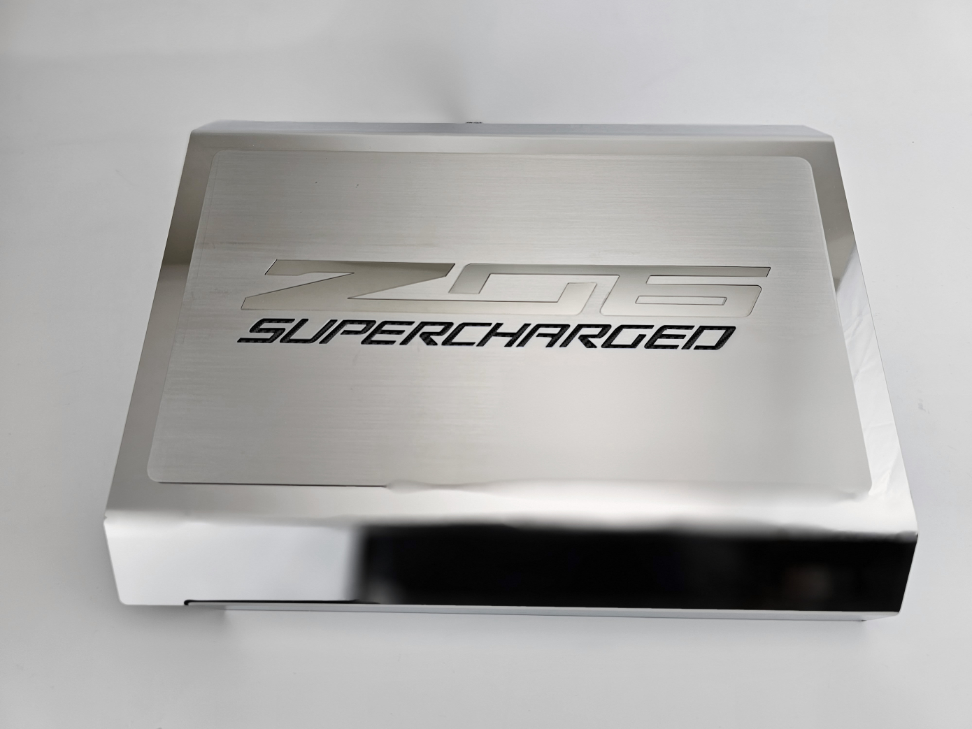 C7 Corvette Polished Stainless Fuse Box Cover With Black Flags Emblem 2014-2019