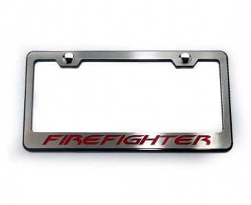 Firefighter License Plate Frame - Black Base w/Brushed Stainless Top Plate & Fire Engine Red Lettering